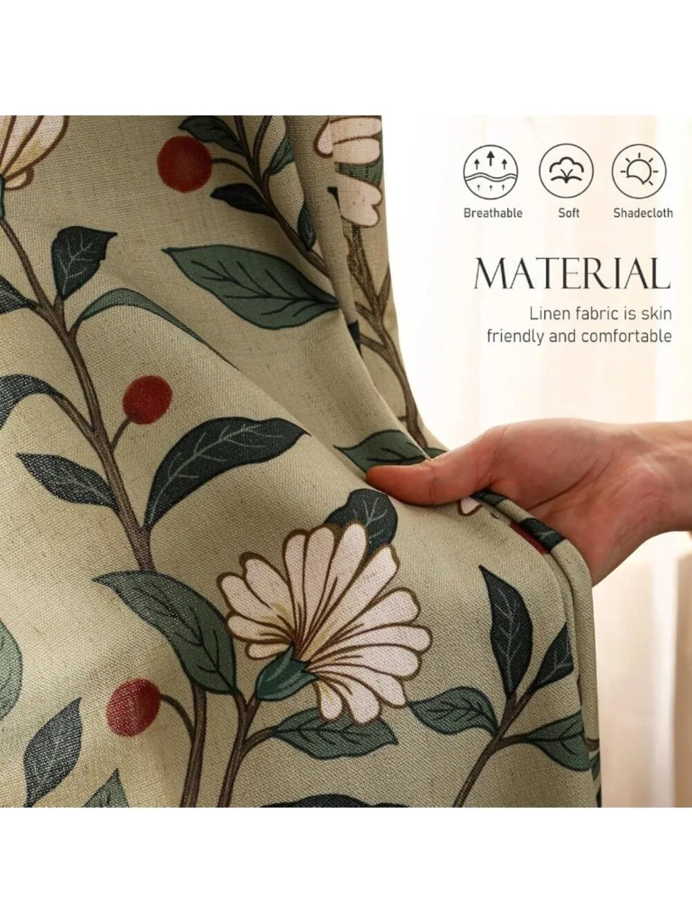 Elegant Green Linen Printed Curtains, 2 Panels, 87